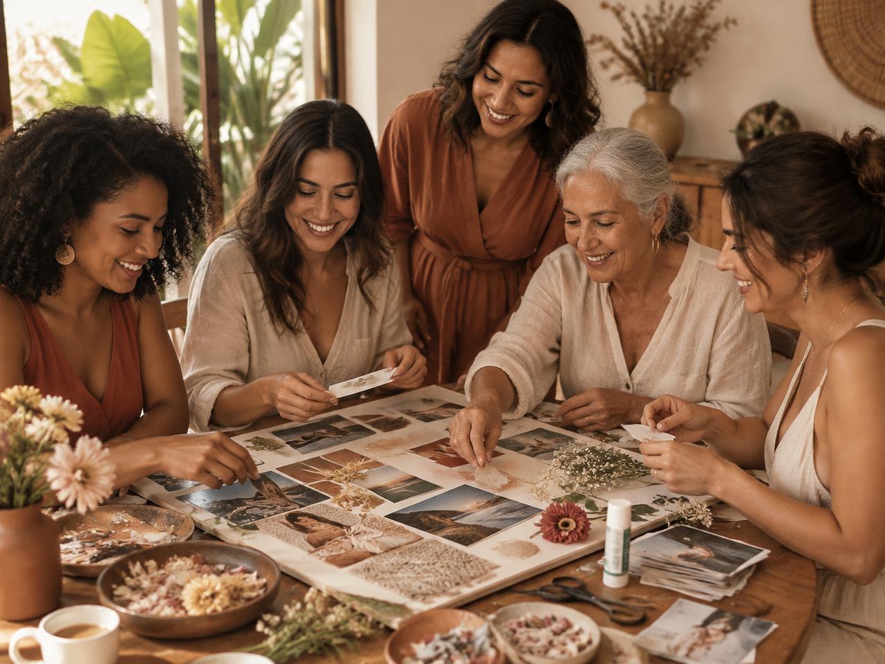 Mulheres de diferentes idades montando juntas um painel de sonhos com recortes, fotos e flores